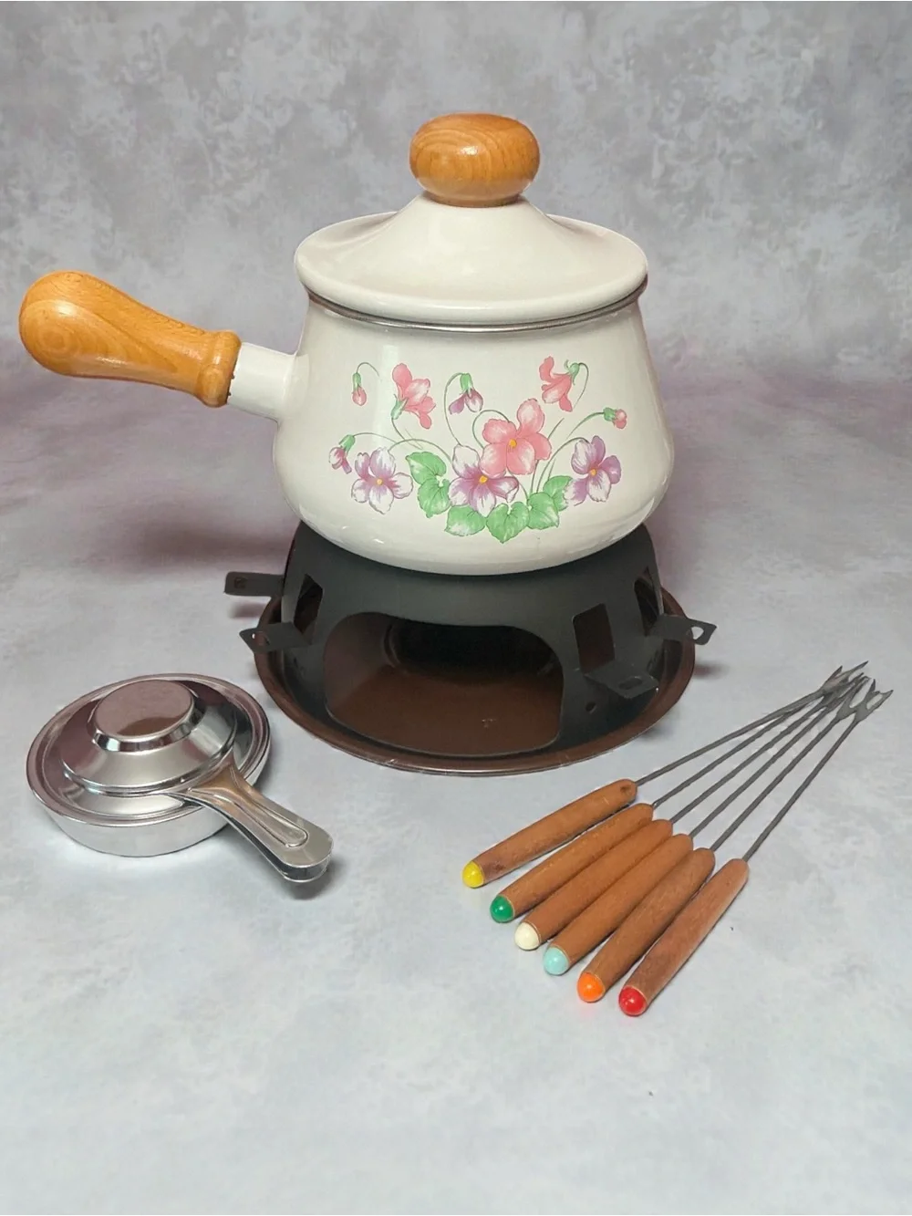 Vintage 1970’s Ceramic Floral Fondue Pot with Wooden Handle Forks